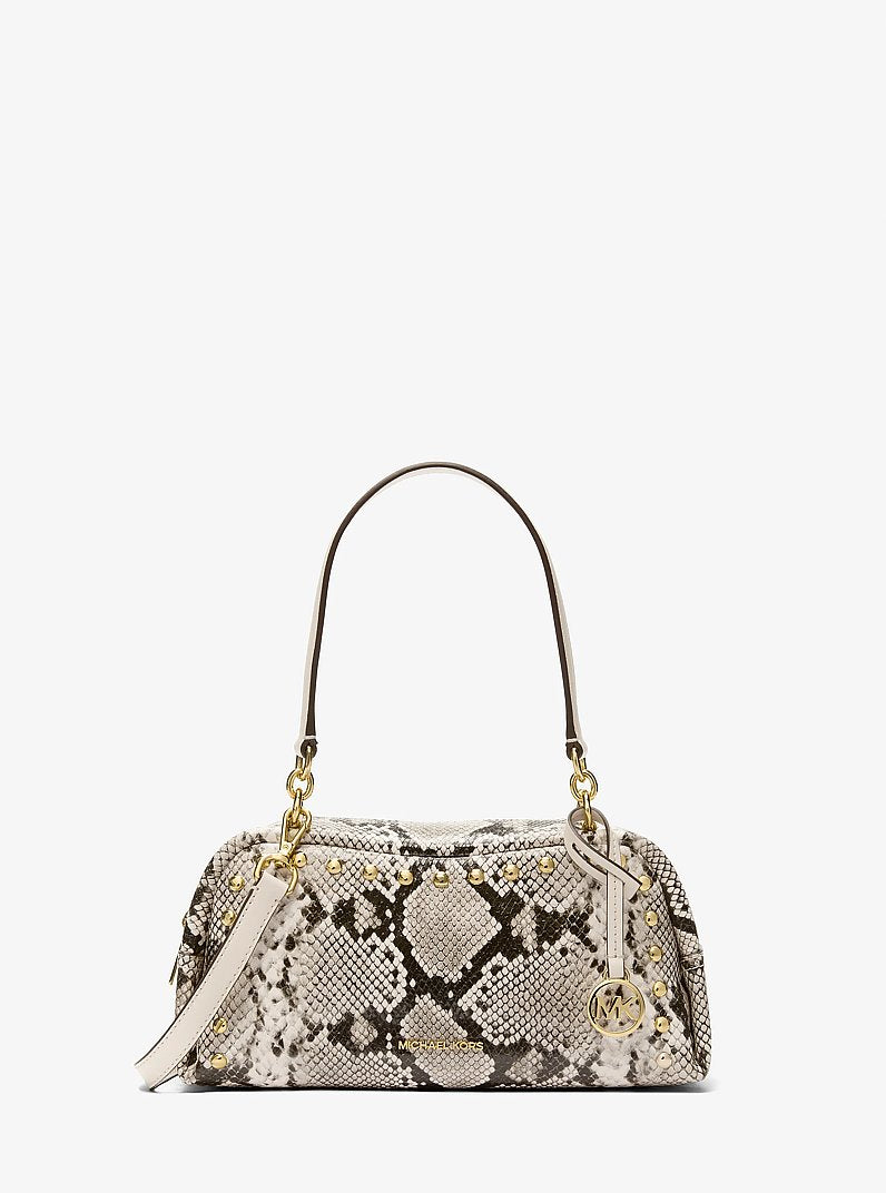Cecily Small Studded Snake Embossed Shoulder Bag Lt Cream Lt Cream