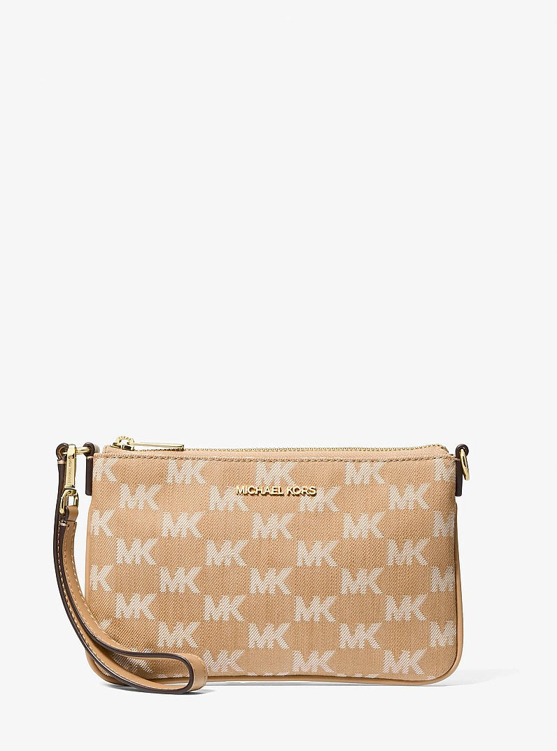 Jet Set Travel Small Logo Jacquard Denim Wristlet Camel Camel