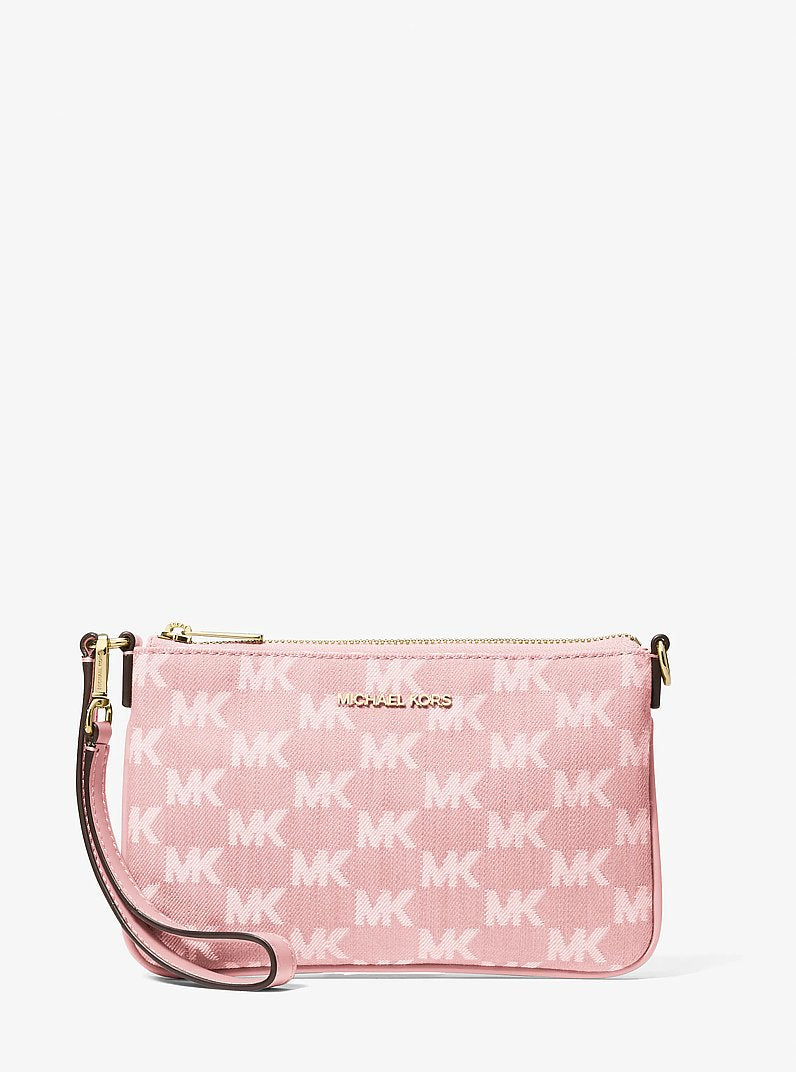 Jet Set Travel Small Logo Jacquard Denim Wristlet Powder Blush Powder Blush