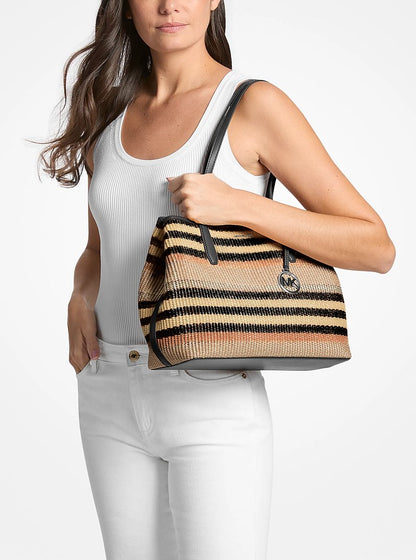 Avalon Medium Striped Woven Tote Bag Black Black