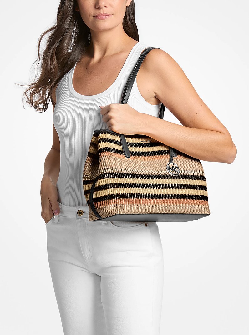 Avalon Medium Striped Woven Tote Bag Black Black