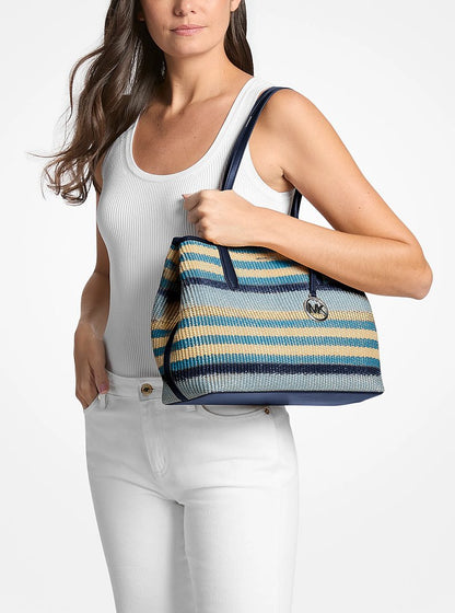 Avalon Medium Striped Woven Tote Bag Navy Navy