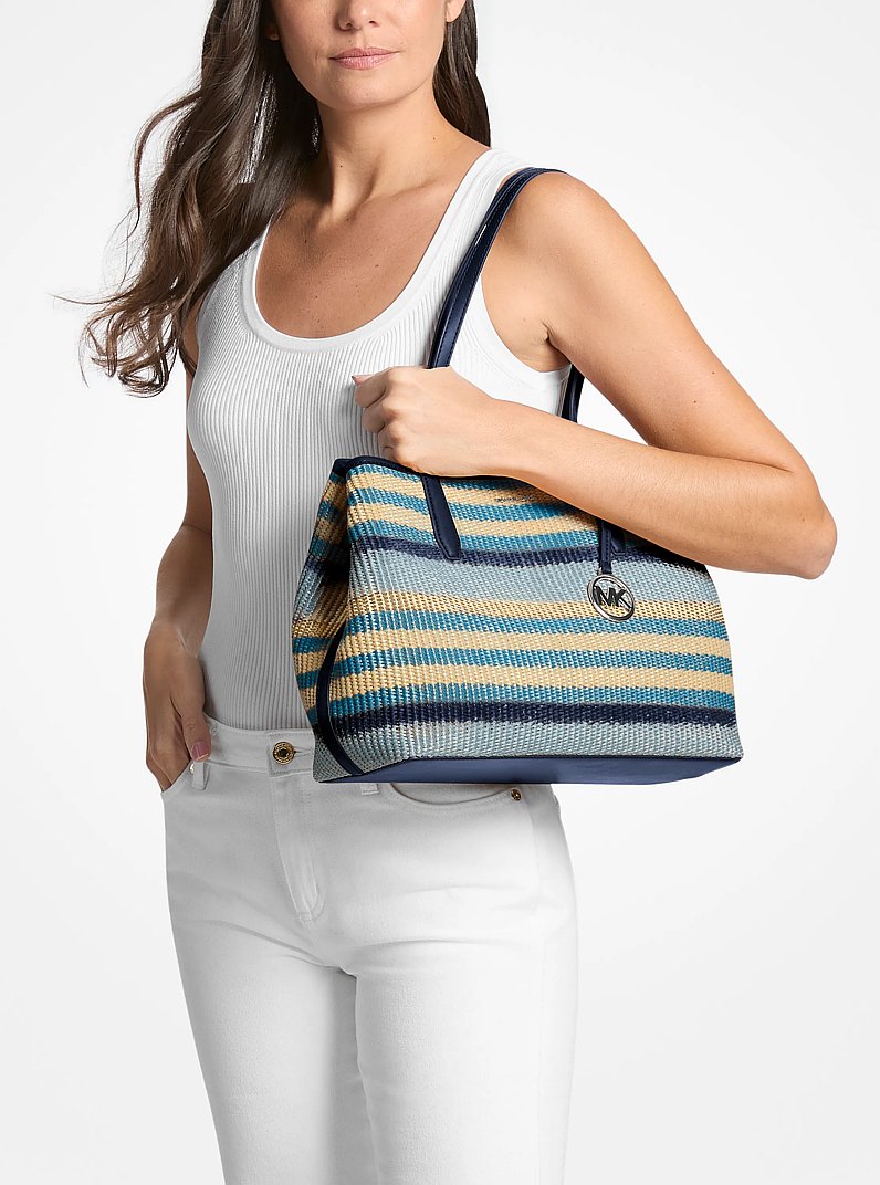 Avalon Medium Striped Woven Tote Bag Navy Navy