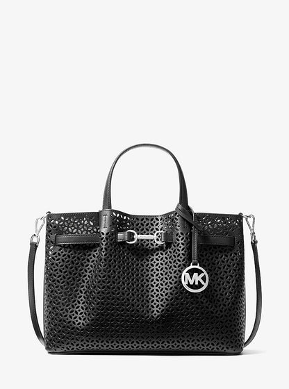 Carson Medium Floral Laser Cut Satchel Black Black