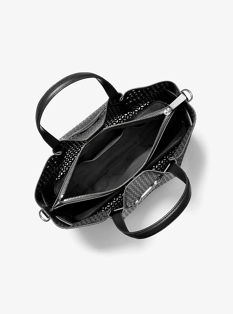 Carson Medium Floral Laser Cut Satchel Black Black