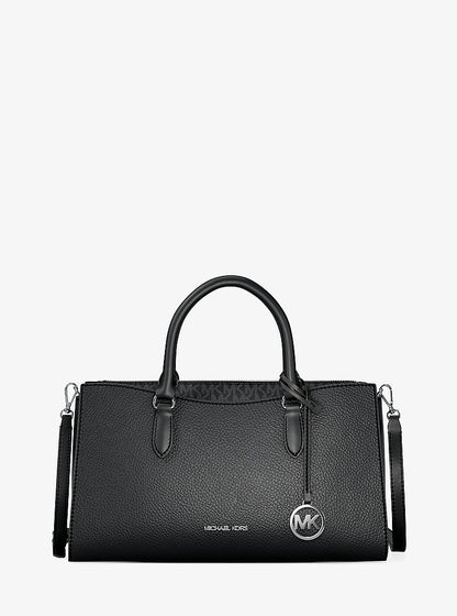 Arden Medium Pebbled Leather and Signature Logo Top-Zip Satchel Black Black