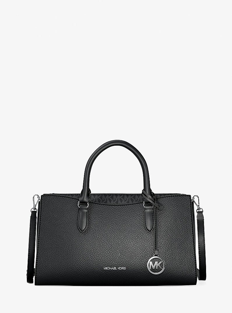 Arden Medium Pebbled Leather and Signature Logo Top-Zip Satchel Black Black