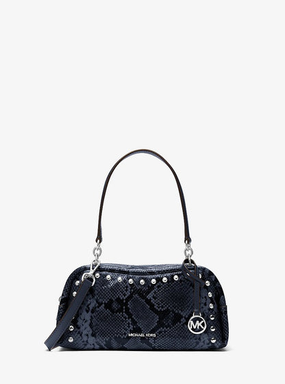 Cecily Small Studded Snake Embossed Shoulder Bag Navy Navy