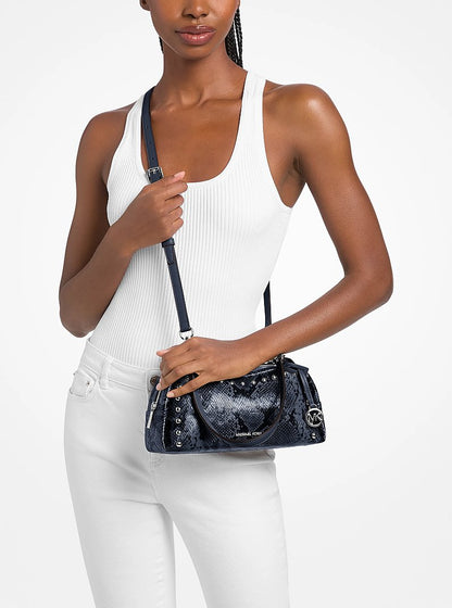 Cecily Small Studded Snake Embossed Shoulder Bag Navy Navy