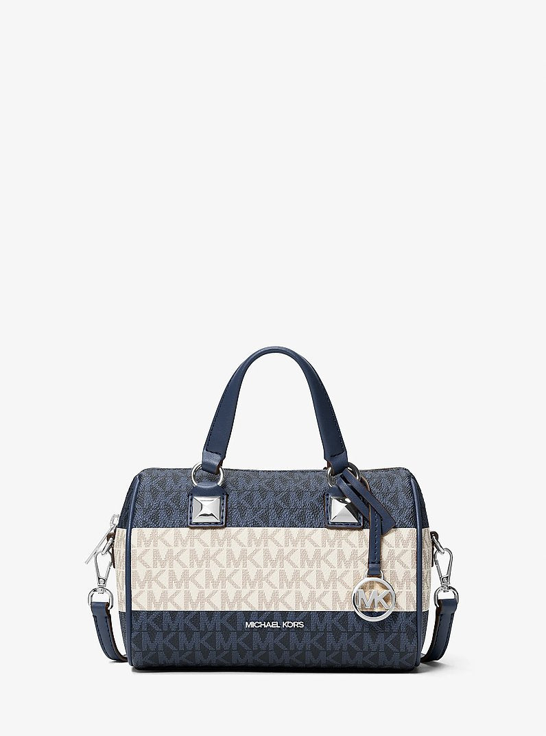 Grayson Small Striped Signature Logo Duffel Crossbody Bag Navy Navy