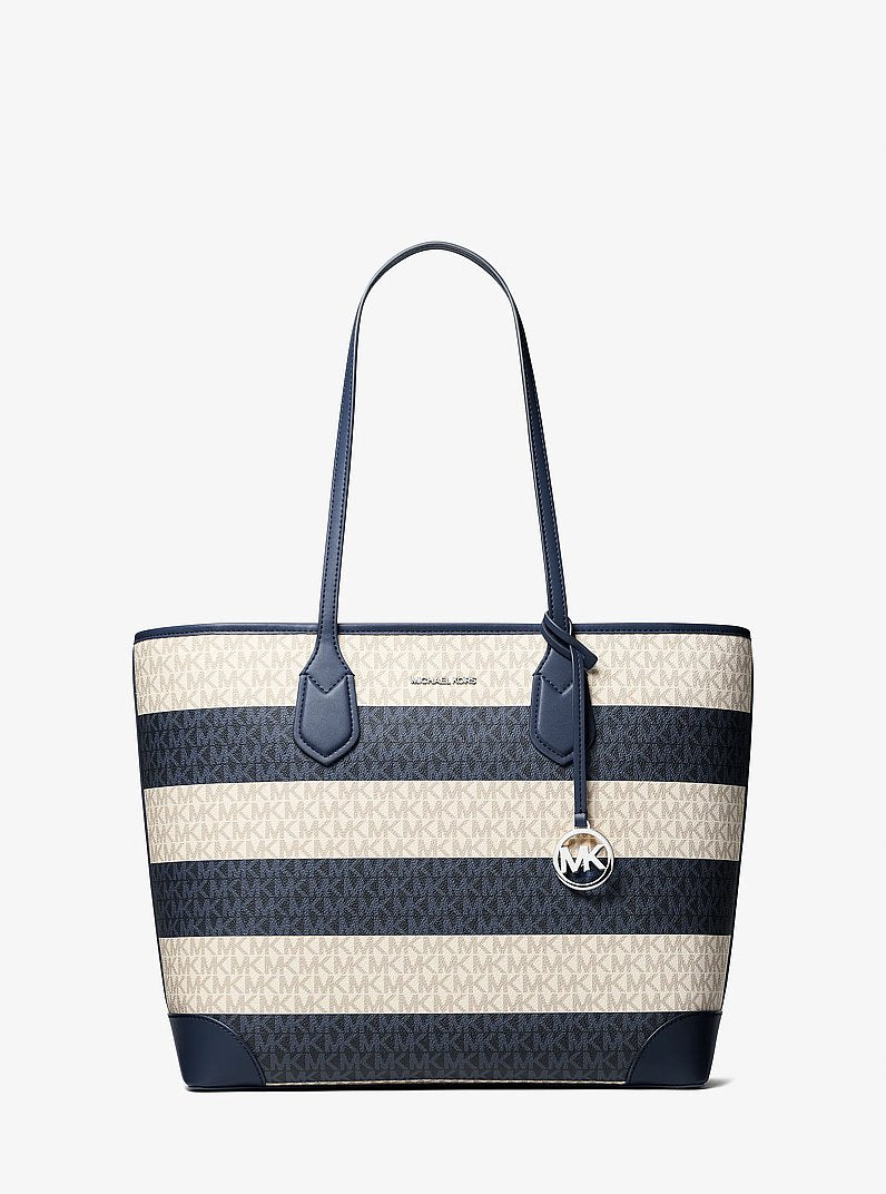 Eva Large Striped Signature Logo Tote Bag Navy Navy