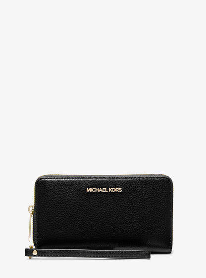 Large Pebbled Leather Smartphone Wristlet Black Black
