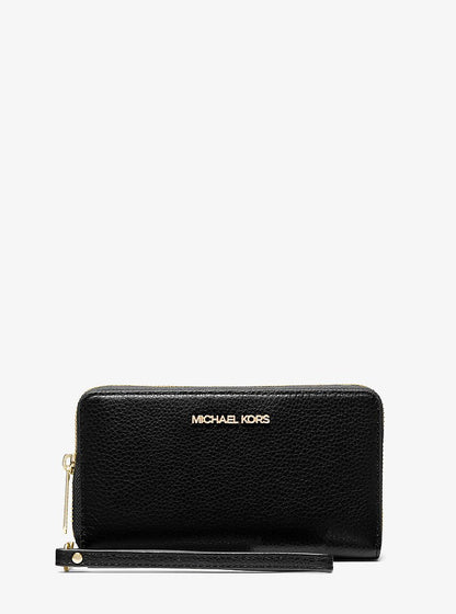 Large Pebbled Leather Smartphone Wristlet Black Black