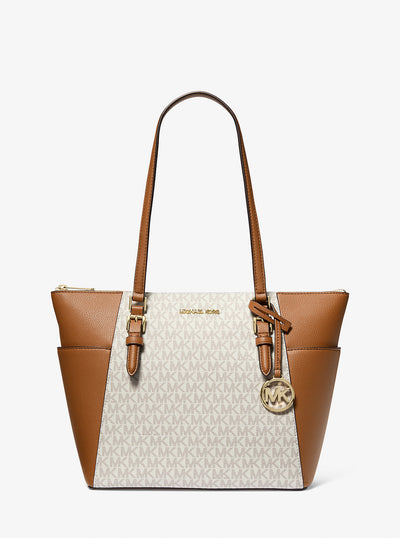Charlotte Large Logo and Leather Top-Zip Tote Bag Vanilla Vanilla