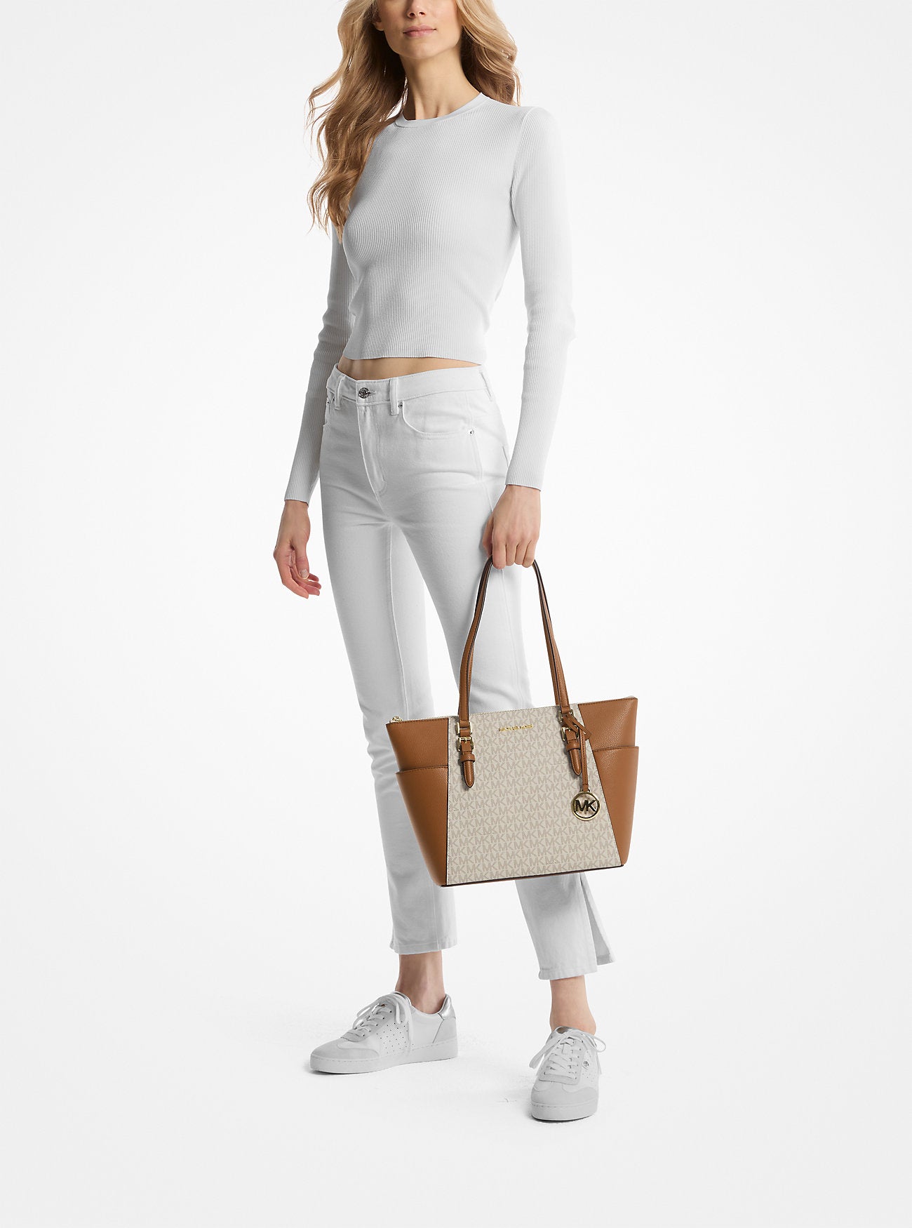 Charlotte Large Logo and Leather Top-Zip Tote Bag Vanilla Vanilla