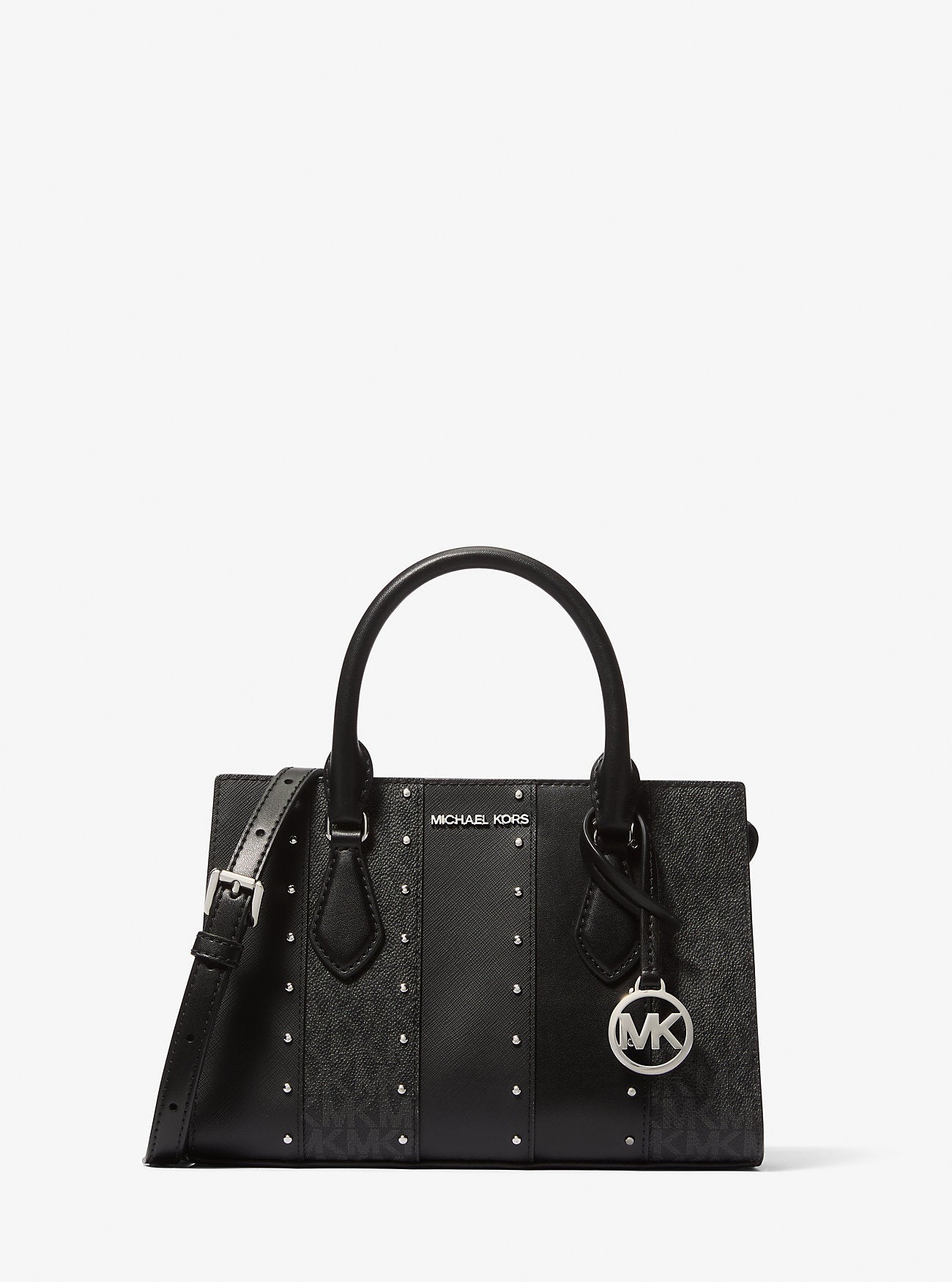 Sheila Small Studded Patchwork and Signature Logo Satchel Black Combo Black Combo