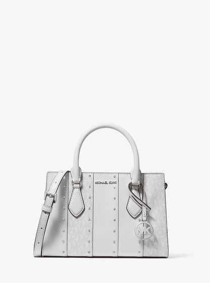 Sheila Small Studded Patchwork and Signature Logo Satchel Opwht Multi Opwht Multi