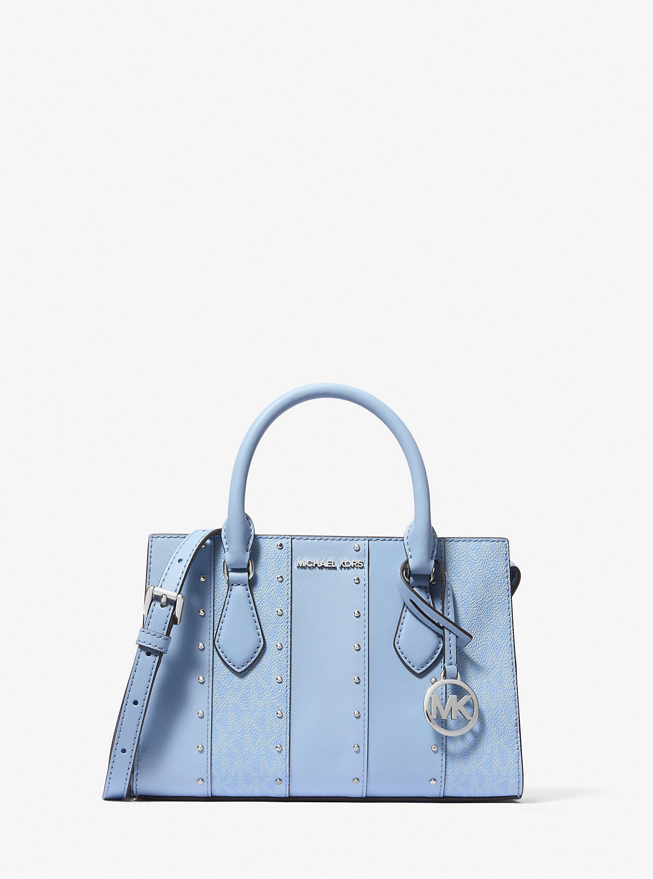 Sheila Small Studded Patchwork and Signature Logo Satchel Lt Sky Mlt Lt Sky Mlt