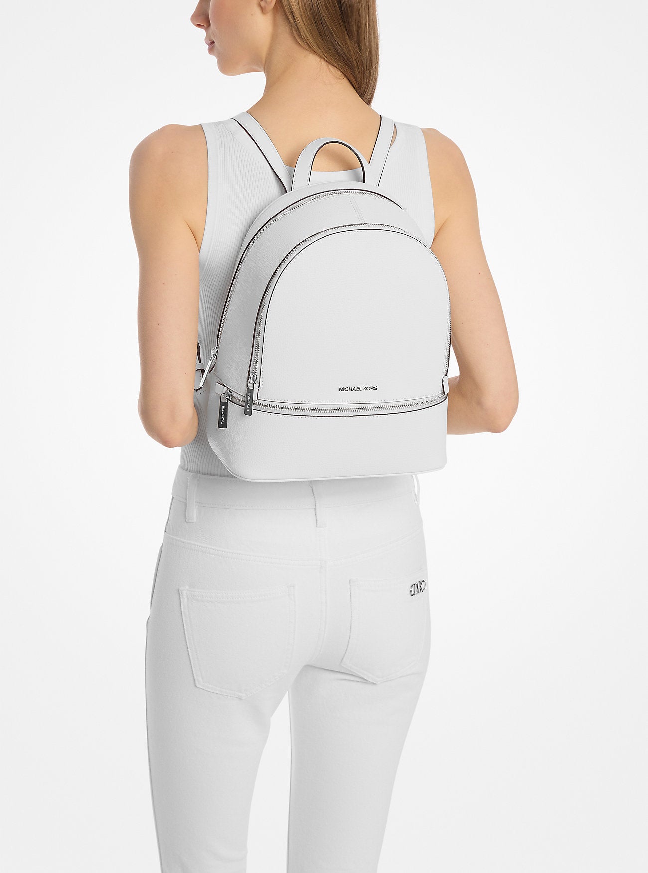 Rhea Medium Pebbled Leather Backpack Optic White Optic White