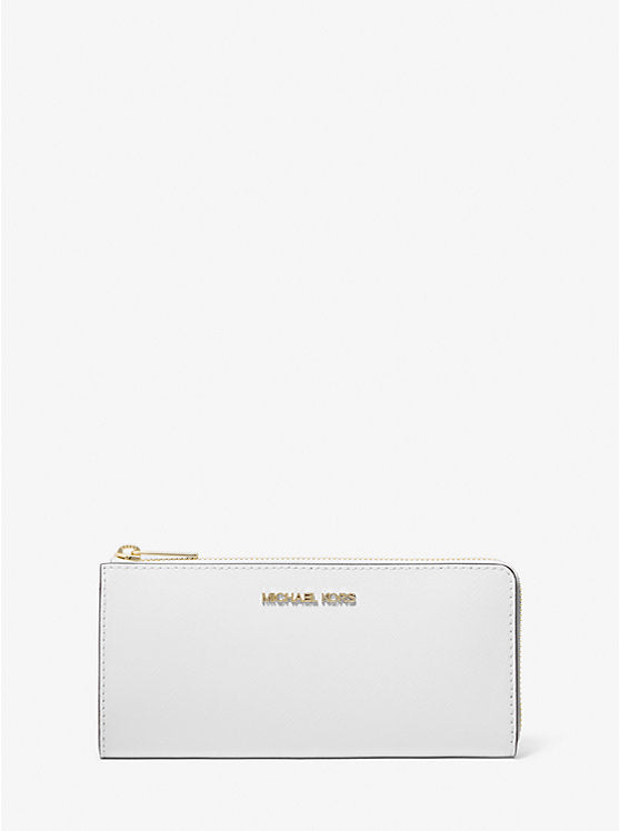Micheal Kors Jet Set Travel Large Saffiano Leather Quarter-Zip Wallet Optic White