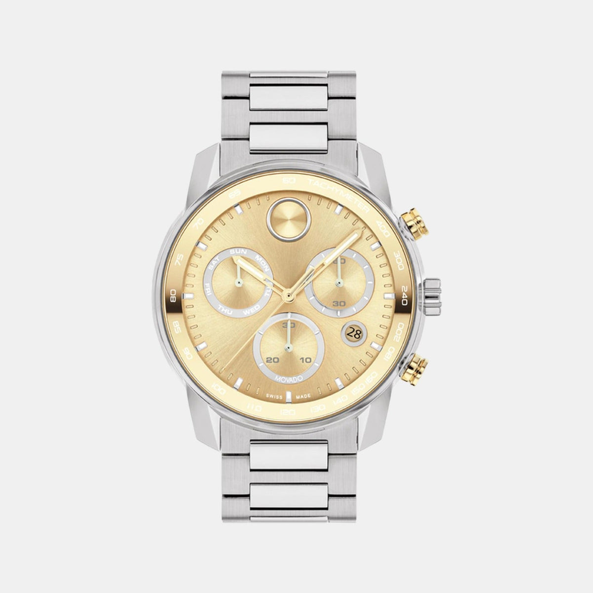 Movado Bold Verso Men Quartz Gold Dial Chronograph Stainless Steel Watch 3600907