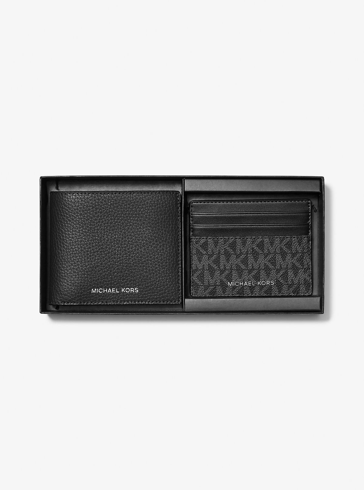 Pebbled Leather Billfold Wallet and Signature Logo Card Case Gift Set Black Black