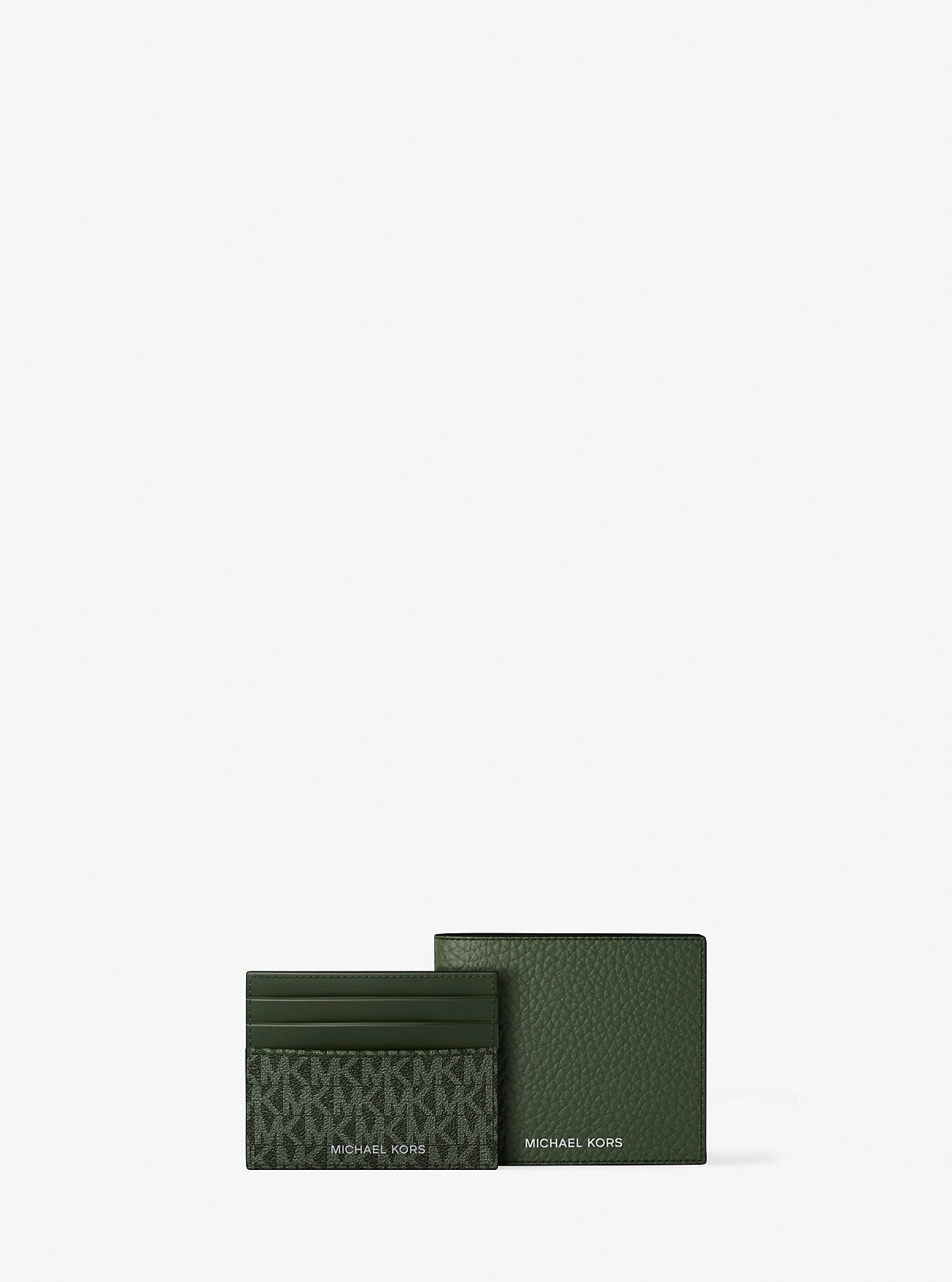 Pebbled Leather Billfold Wallet and Signature Logo Card Case Gift Set Moss Moss