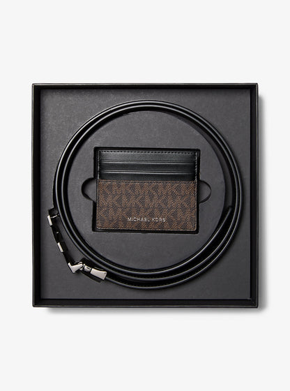 Signature Logo Card Case and Belt Gift Set Brown-Black Brown-Black