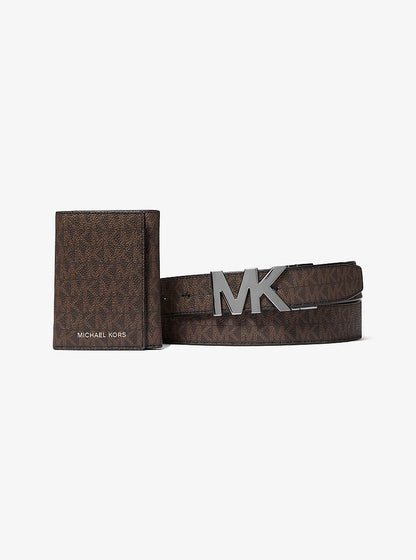 Signature Logo Tri-Fold Card Case and Belt Gift Set Brown-Blk Brown-Blk