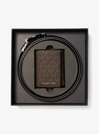 Signature Logo Tri-Fold Card Case and Belt Gift Set Brown-Blk Brown-Blk