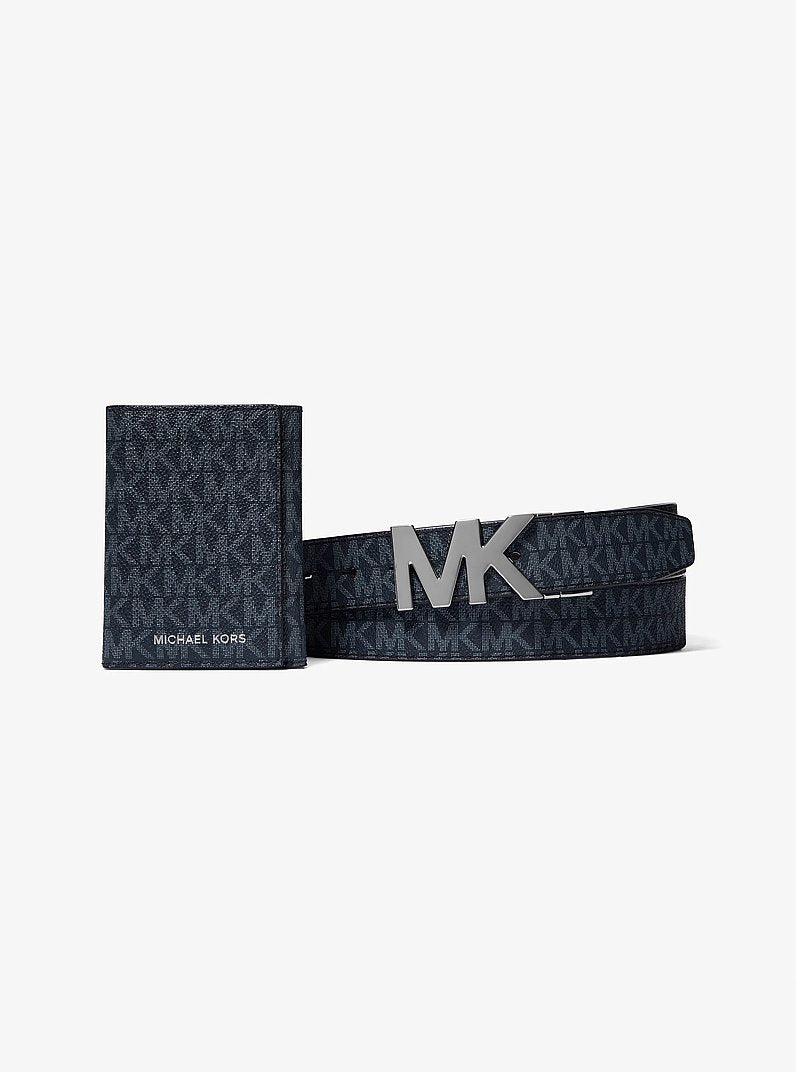 Signature Logo Tri-Fold Card Case and Belt Gift Set Admrl-Plblue Admrl-Plblue