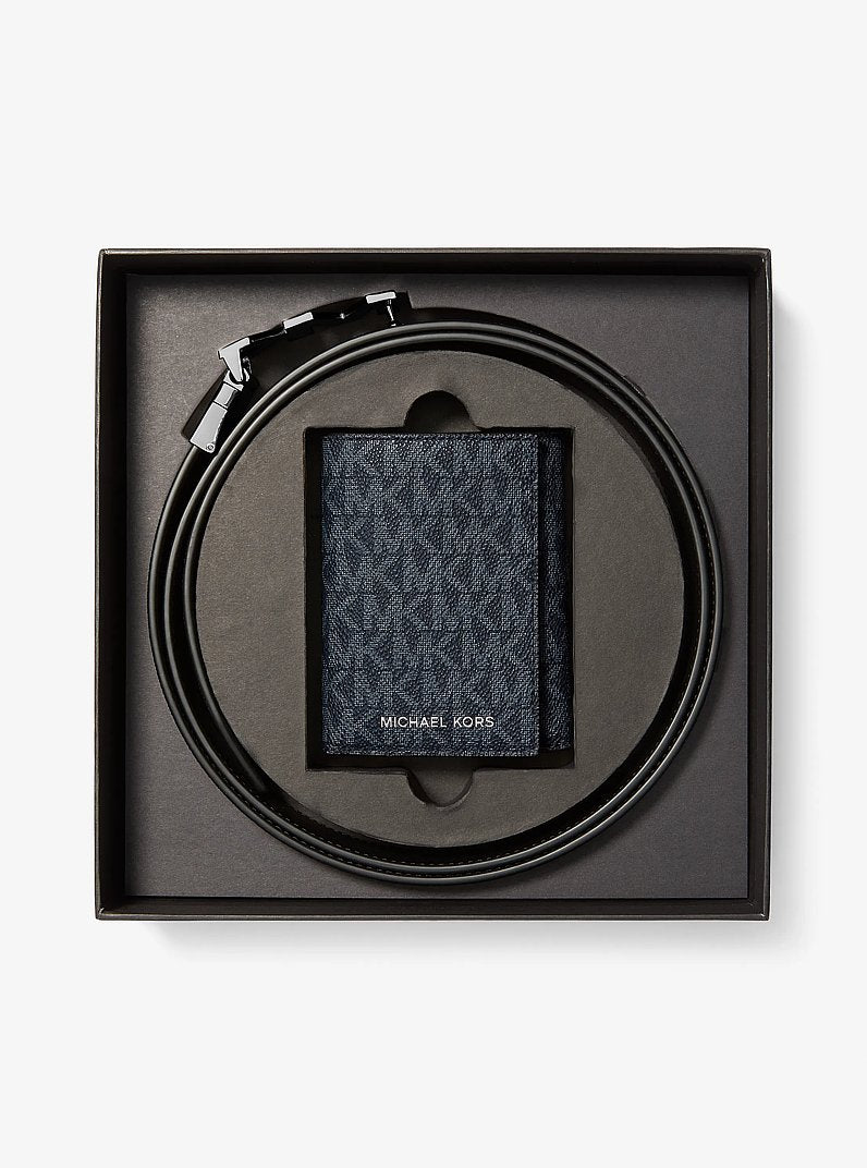 Signature Logo Tri-Fold Card Case and Belt Gift Set Admrl-Plblue Admrl-Plblue