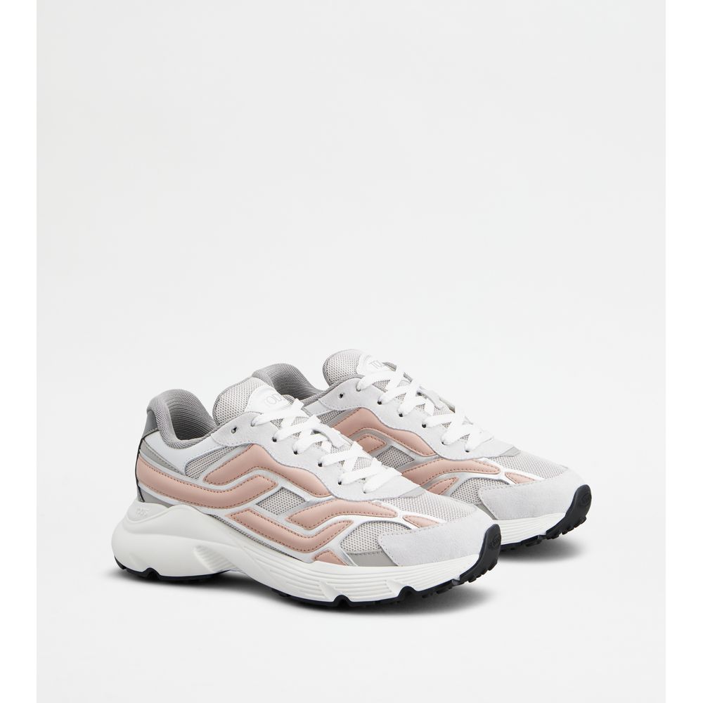 Tods Sneakers In Leather And Technical Fabric Grey Pink White Womens