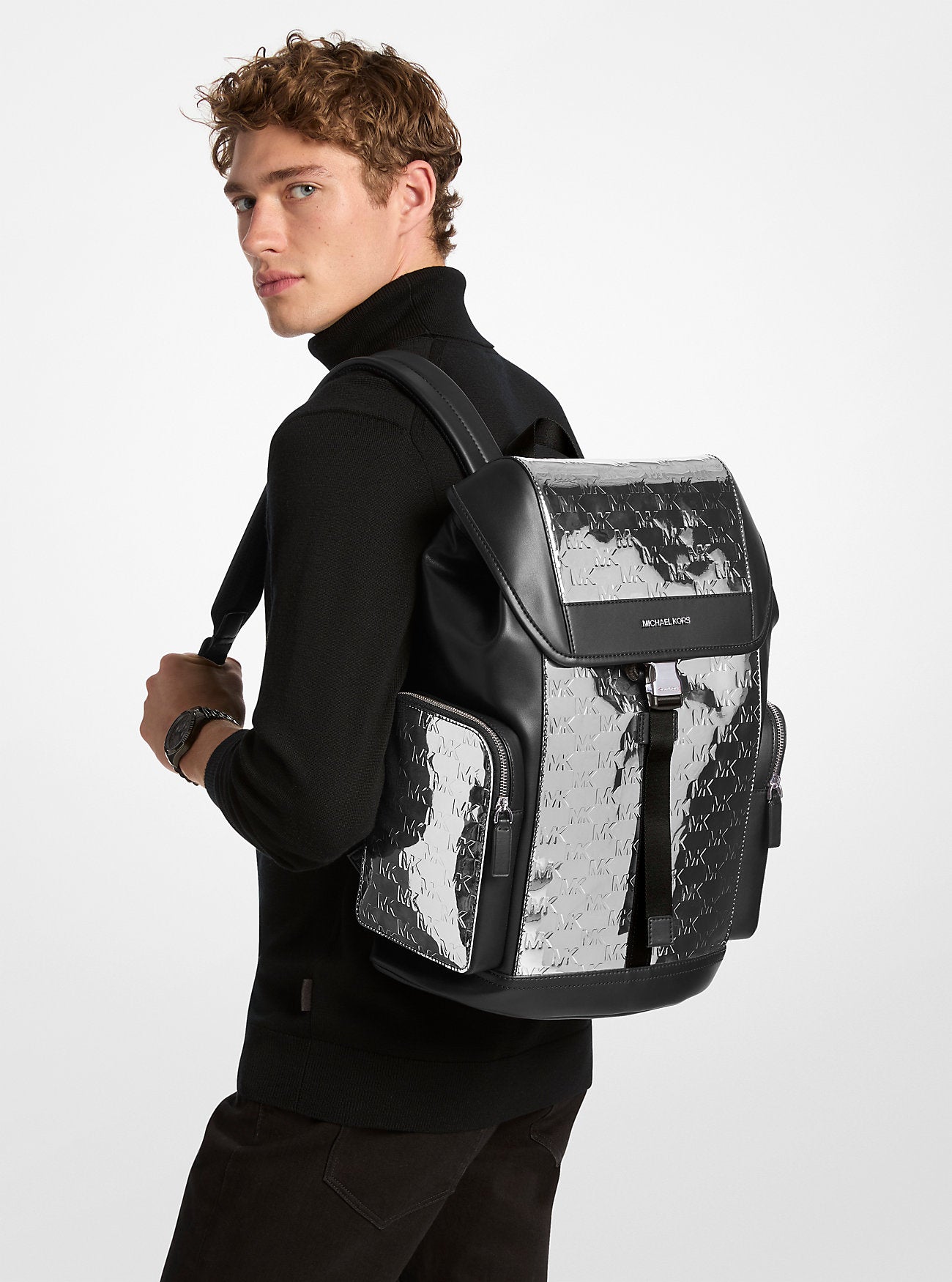 Cooper Medium Metallic Logo Debossed Backpack Silver Silver