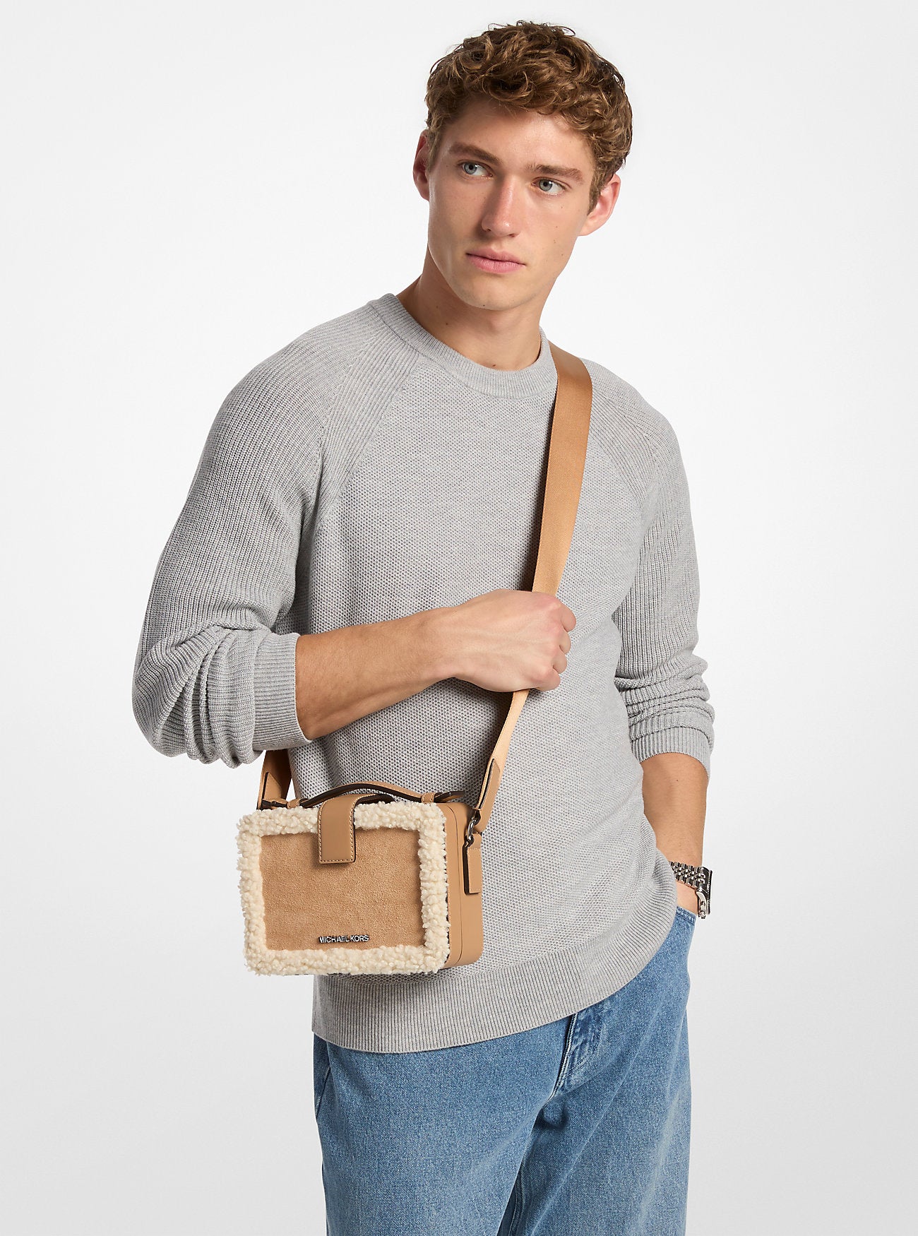 Cooper Suede and Sherpa Crossbody Bag Peanut Peanut