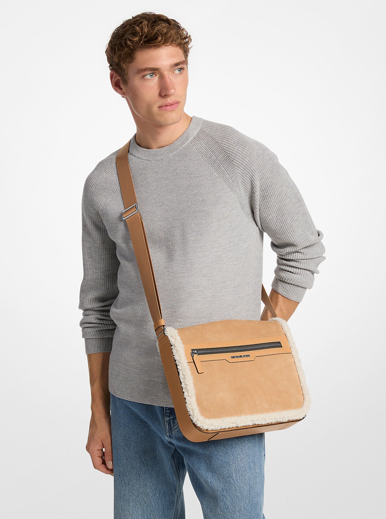 Cooper Suede and Sherpa Messenger Bag Peanut Peanut