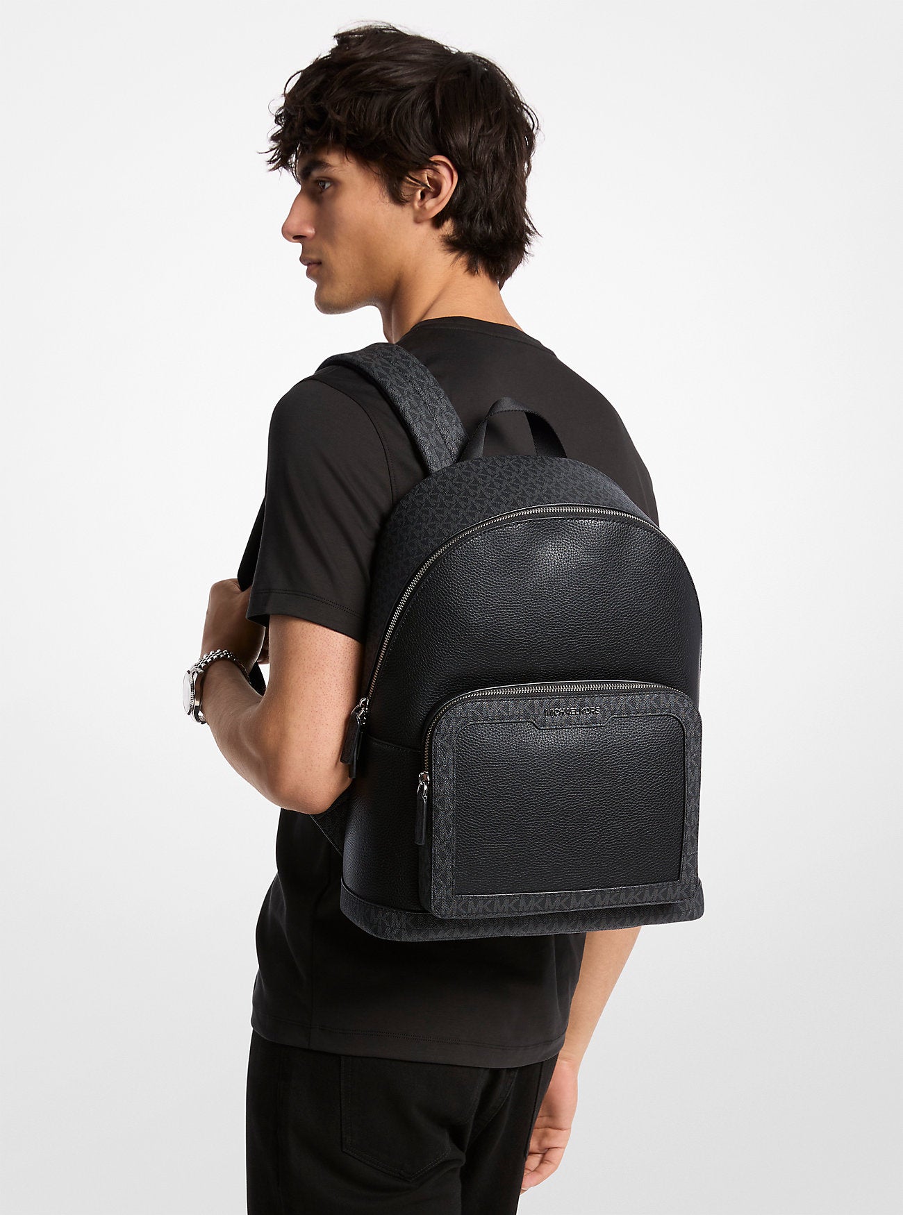 Cooper Medium Pebbled Leather and Signature Logo Commuter Backpack Black Black