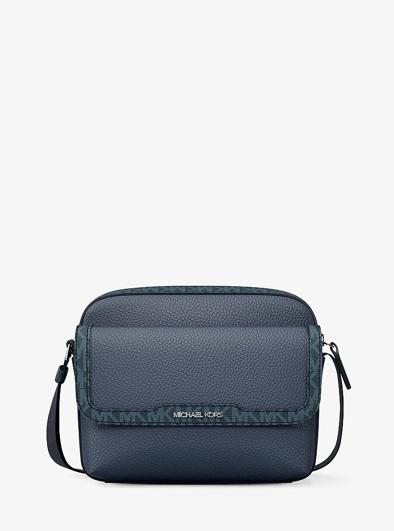 Cooper Medium Pebbled Leather and Signature Logo Camera Crossbody Bag Navy Navy
