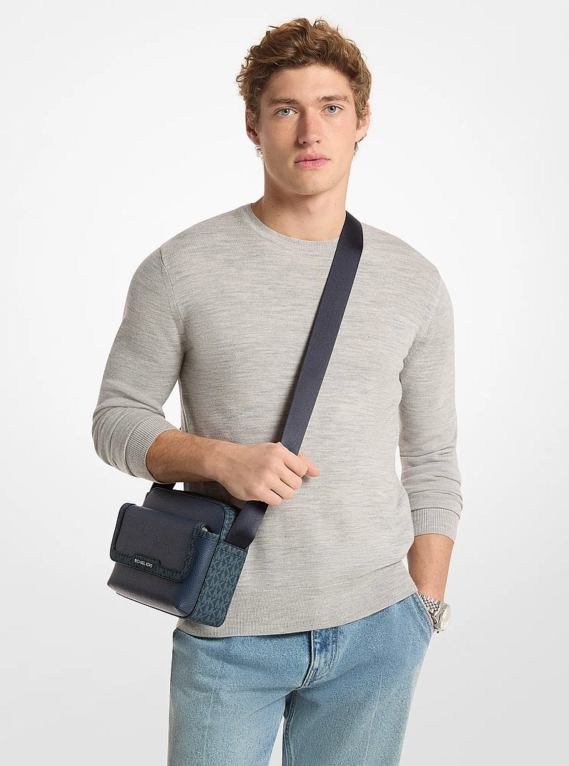 Cooper Medium Pebbled Leather and Signature Logo Camera Crossbody Bag Navy Navy