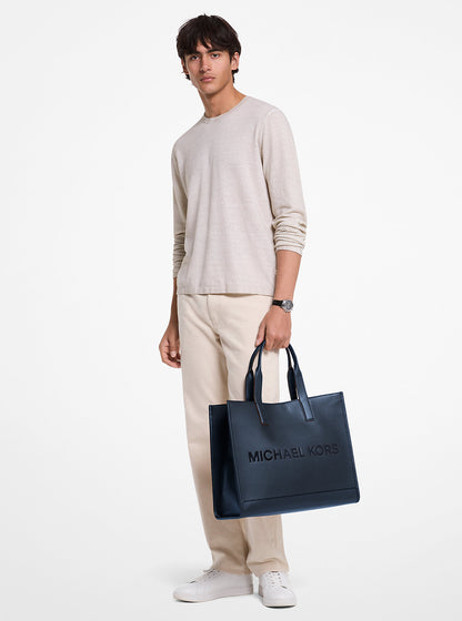 Cooper Logo Embossed Pebbled Leather Tote Bag Navy Navy