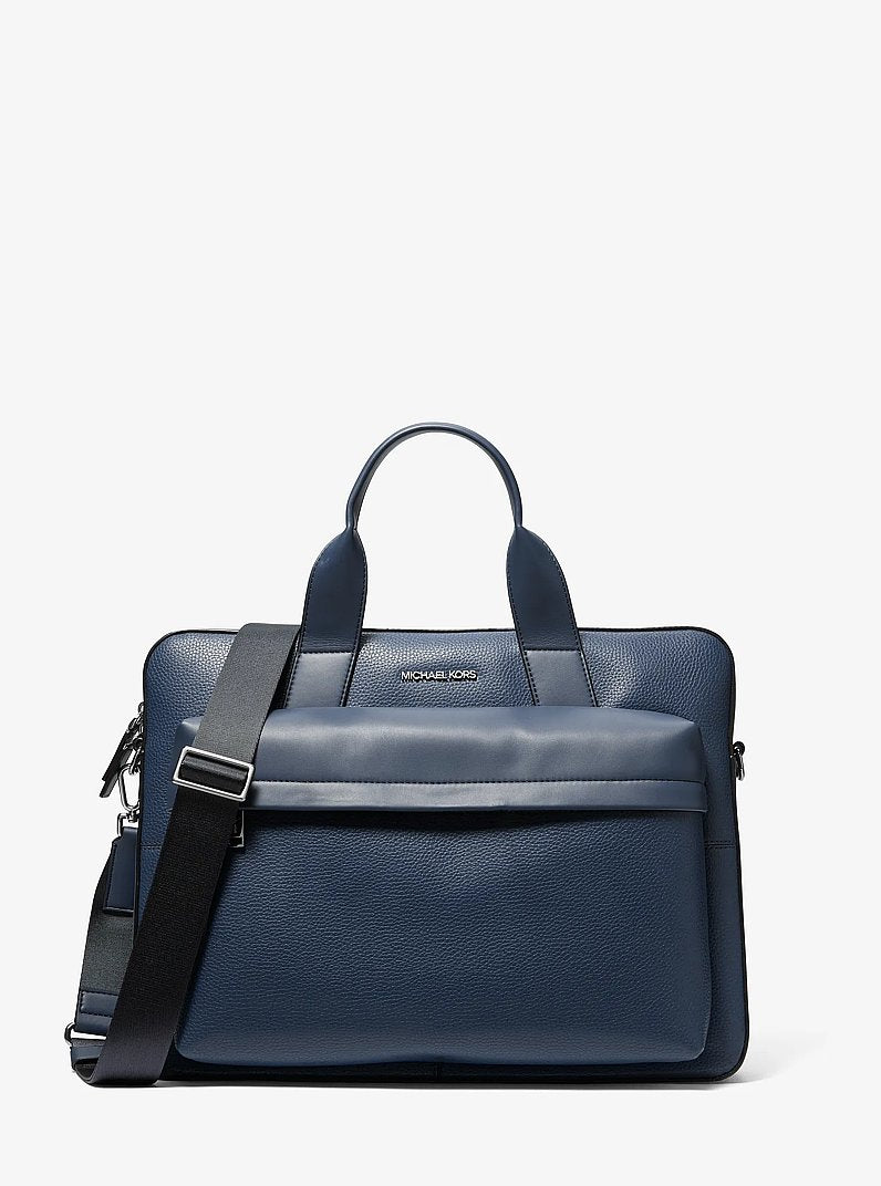 Pacey Medium Pebbled Leather Pocket Briefcase Navy Navy