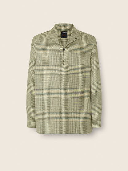 Zegna Olive Green Prince Of Wales Crossover Linen Wool And Silk Shirt