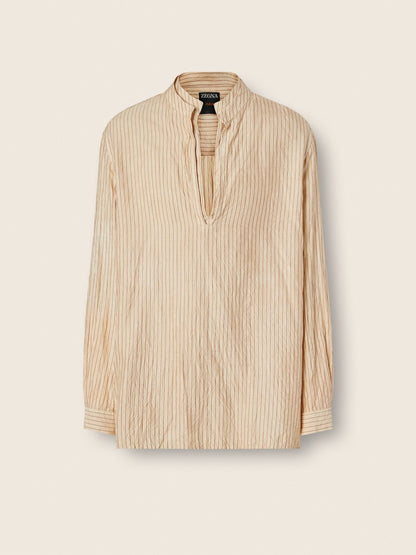 Zegna Beige And Brown Striped Silk Shirt