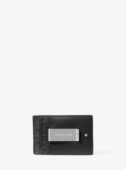 Michael Kors Hudson Pebbled Leather and Signature Logo Money Clip Card Case BLACK
