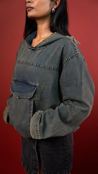 ACID WASH DENIM WOMEN'S HOODIE