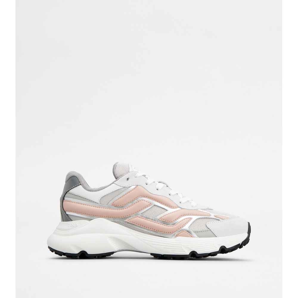Tods Sneakers In Leather And Technical Fabric Grey Pink White Womens