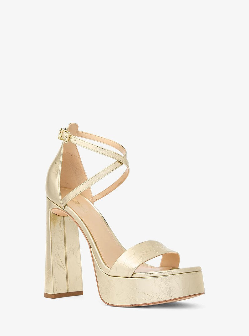 Michael Kors Cami Crackled Metallic Leather Platform Sandal PALE GOLD