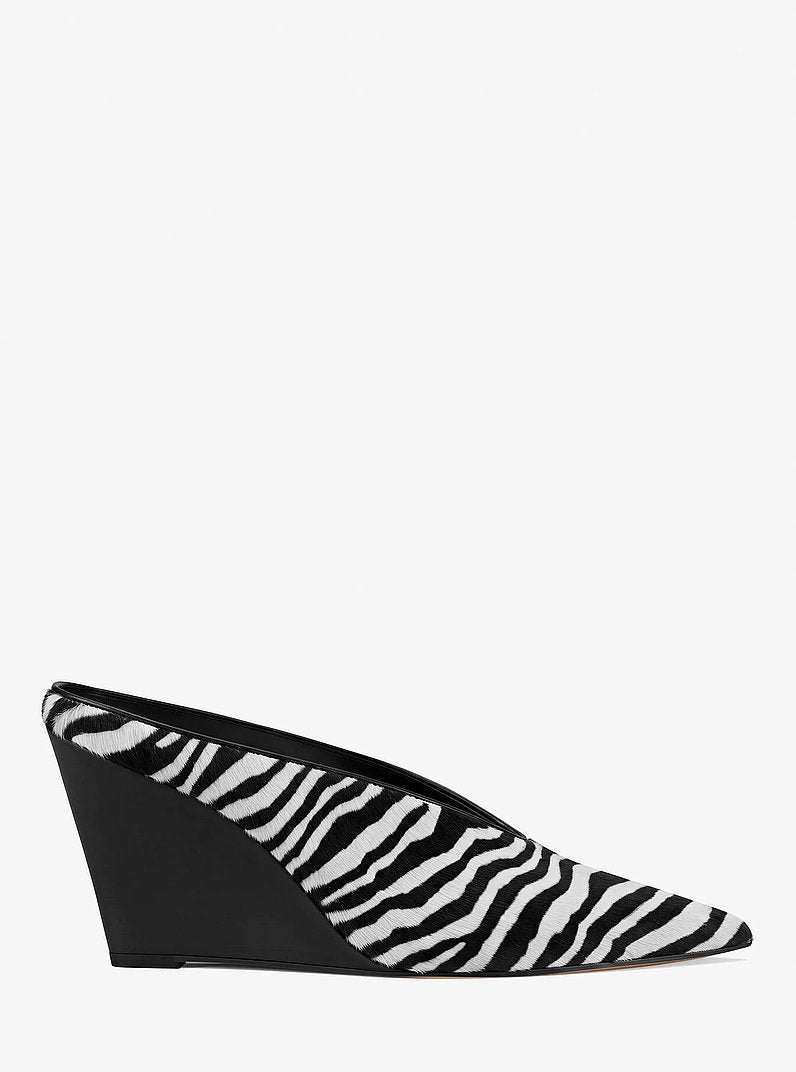 Michael Kors Xandra Zebra Print Calf Hair Wedge Mule BLACK COMBO