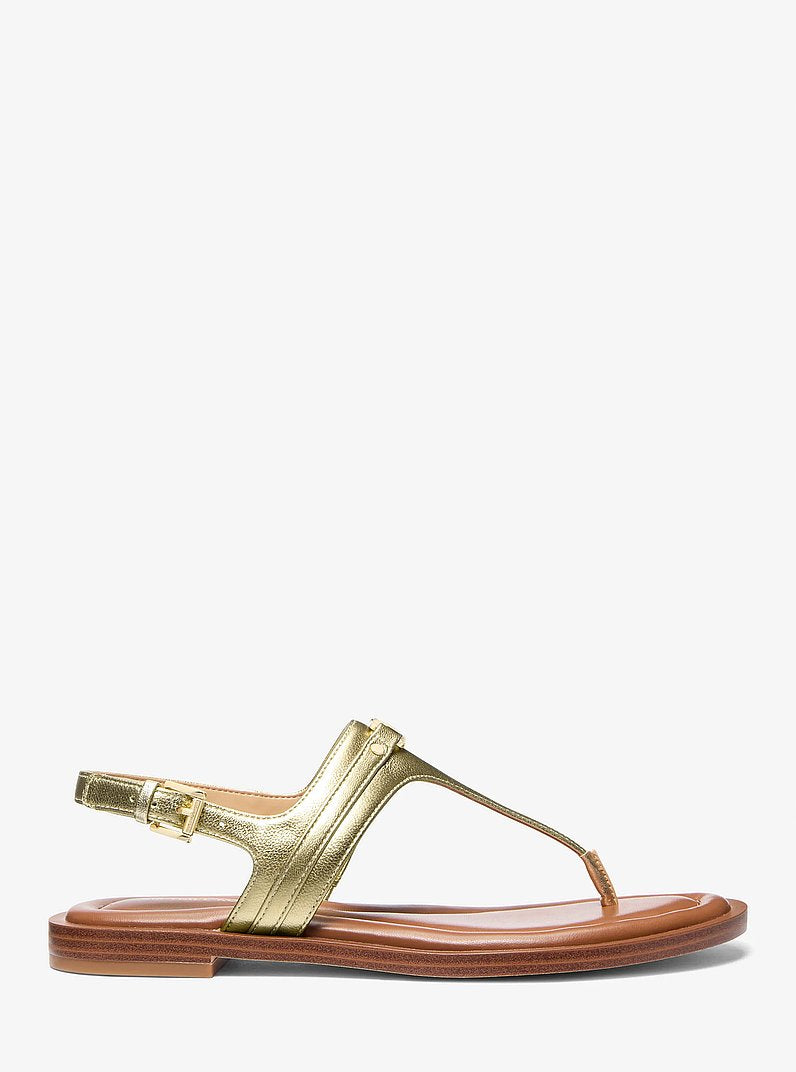 Michael Kors Mandy Metallic Leather T-Strap Sandal PALE GOLD