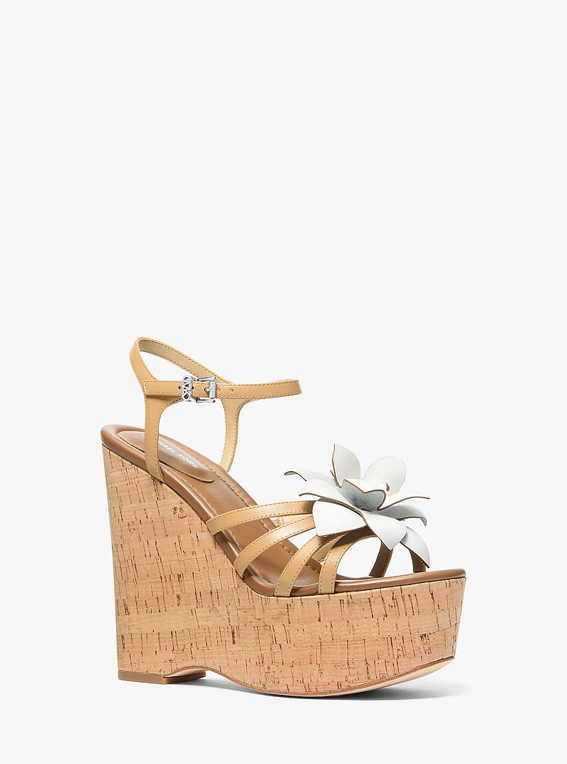 Michael Kors Jacie Floral Embellished Leather Wedge Sandal PEANUT
